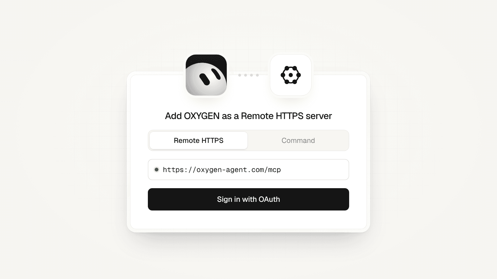A connect card with the Grok Bot mark linked to the OXYGEN mark: Remote HTTPS, https://tryoxygencro.com/mcp, and Sign in with OAuth.